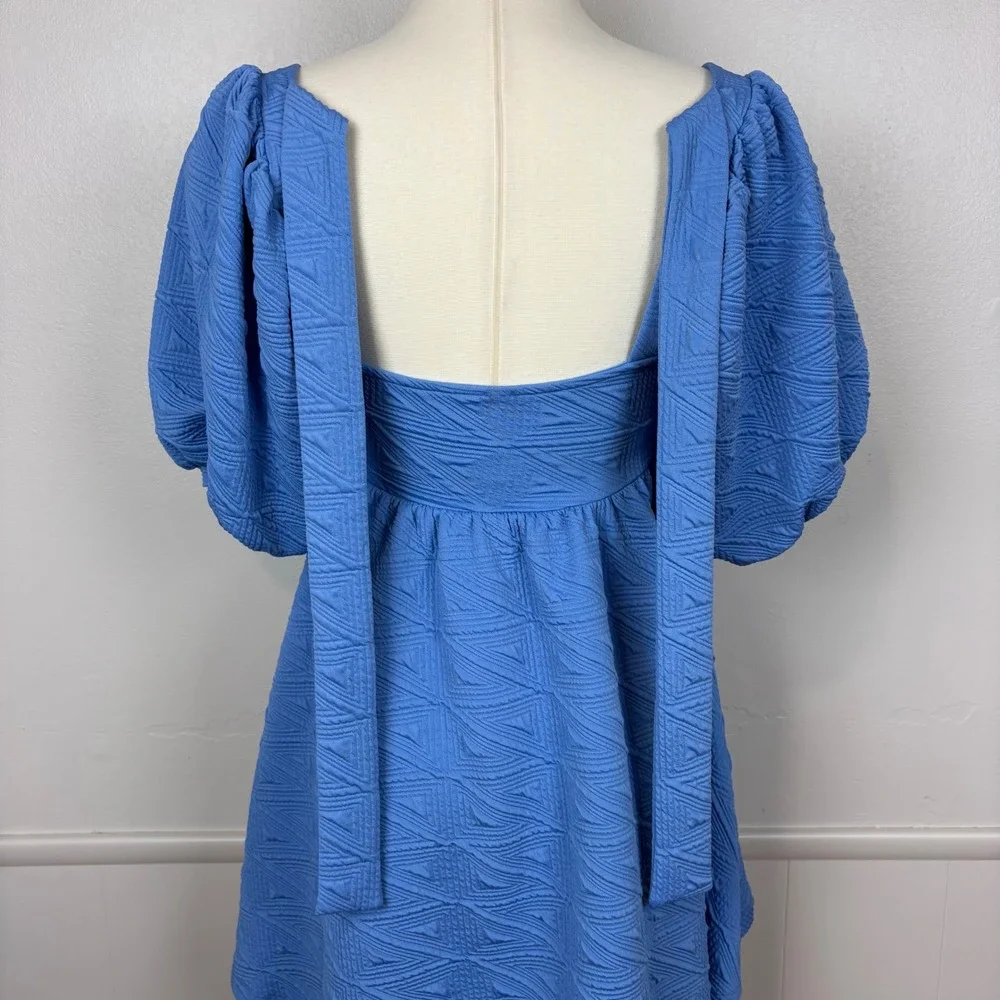 Free People Violet Puff Sleeve Mini Dress Blue Babydoll Textured‎ Matelasse Knit
